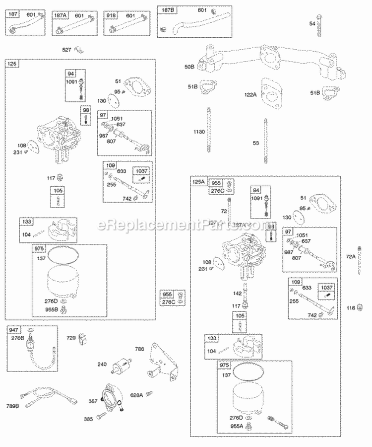 Carburetor Fuel Lines Intake Manifold Fuel Pump Diagram and Parts List for 305777-0113-E1  Briggs and Stratton Engine